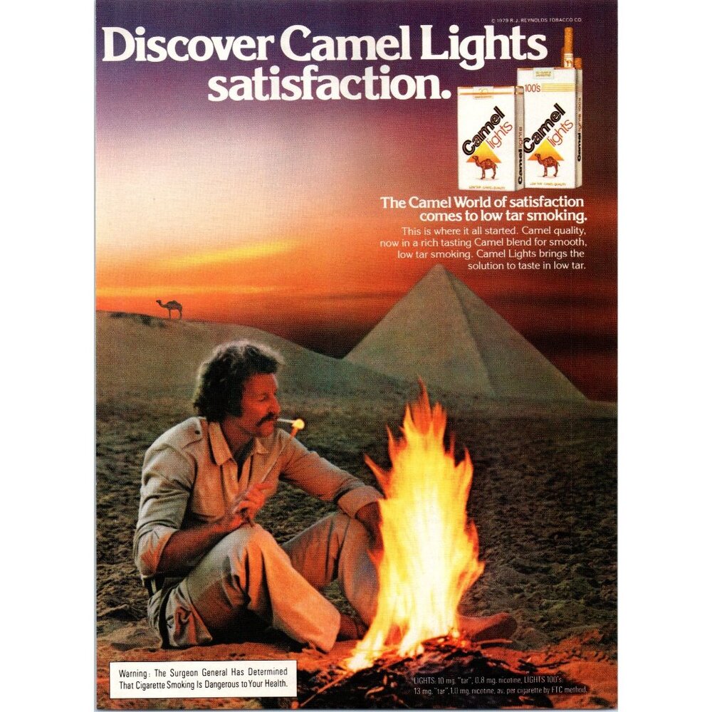 1979 Camel Lights Cigarettes Vintage Print Ad Campfire Pyramid Egypt Wall Art